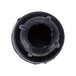 A black round plastic plug with a hole in it.