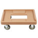 A beige plastic Cambro Camdolly with black wheels.