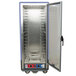 A blue Metro C5 holding and proofing cabinet with clear glass door open on shelves.