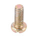 A close-up of a metal screw with a round head.