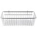 A chrome metal storage basket for wire shelving.