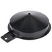 A black plastic lid with a metal handle on a black hot water funnel.