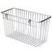 A chrome wire storage basket with a handle.