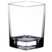 A clear plastic square shot glass with a square bottom.