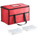 A red Choice insulated food delivery bag with black straps and two white brick cold packs.