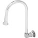 A T&S chrome wall mounted faucet with a swivel gooseneck spout and rosespray aerator.