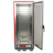 A red and silver Metro C5 hot holding cabinet with a clear glass door and metal shelves.