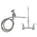 A chrome T&S wall mounted pre-rinse faucet with a hose and hand sprayer.