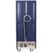 A blue Metro C5 hot holding cabinet with clear doors and wire slides.