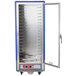 A large blue Metro C5 hot holding cabinet with a clear door open.