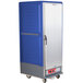 A blue and silver Metro C5 3 Series hot holding cabinet on wheels.