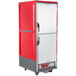 A red and silver Metro C5 hot holding cabinet with black handles.
