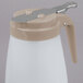 A white and tan Tablecraft polypropylene syrup dispenser with a brown metal lid.