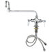 A chrome T&S deck-mounted pantry faucet with a double-jointed swing nozzle.