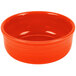 A white china chowder bowl with an orange rim.