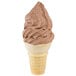 A chocolate ice cream cone with a swirl of chocolate soft serve on top.
