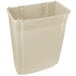 A beige Rubbermaid wall mount rectangular trash can with a lid.