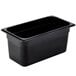 A black rectangular Cambro plastic food pan with a lid.