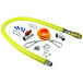 A yellow T&S gas appliance connector hose with installation kit parts.