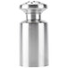 An American Metalcraft stainless steel salt shaker with a lid and coarse holes.