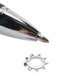 A close-up of a metal ring with a nut on a pen tip.