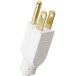 A close-up of a white electrical plug with two gold prongs.