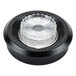 A black circular plastic lid with a clear plastic ring.