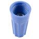A blue plastic pipe with a metal nut.