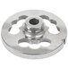 A silver stainless steel Globe stuffing plate for a meat grinder with holes in it.