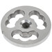 A Globe stuffing plate for a #12 meat grinder assembly, a circular metal object with holes.