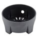 A black plastic round bowl with holes in it.
