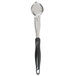 A close-up of a black Vollrath Jacob's Pride Solid Oval Spoodle with a silver handle.
