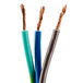 A close-up of three wires with different colors: blue, brown, and blue.