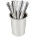 A Cal-Mil stainless steel flatware cylinder filled with silver spoons.