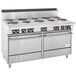 A stainless steel Garland commercial electric range with two standard ovens and ten sealed burners.