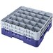 A navy blue plastic crate with 25 compartments and an extender with holes in it.