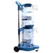 A white and blue San Jamar Saf-T-Ice cart with a handle for a water cooler.