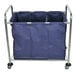 A blue Luxor laundry cart with three compartments and wheels.
