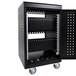 A black metal Luxor tablet charging cart with many compartments and an open door.