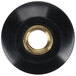 A black round knob with a gold nut.