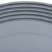 A close-up of a grey plastic plate with a rim.