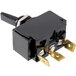 A black toggle switch with two gold metal connectors.