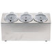 A Steril-Sil stainless steel three compartment ice-cooled condiment dispenser on a counter with three clear lids.