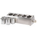 A silver stainless steel countertop condiment dispenser with holes for 5 bottles.