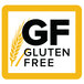 A white square label with a yellow and black wheat design and black text that says "gluten free"