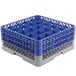 A grey and blue plastic Noble Products glass rack with 25 compartments.