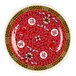 A red melamine plate with a white circle and Chinese symbol.