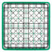 A gray plastic glass rack with green and black plastic grids.