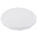 A white melamine round display platter with a scalloped edge.