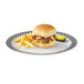 A white GET Diamond Chexers round plate with a cheeseburger and fries.